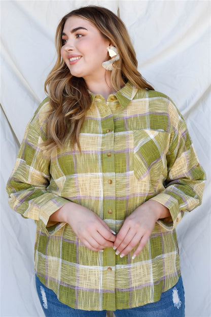 Plus Lime Cotton & Linen Blend Textured Plaid Shirt Top - Tigbul's Fashion