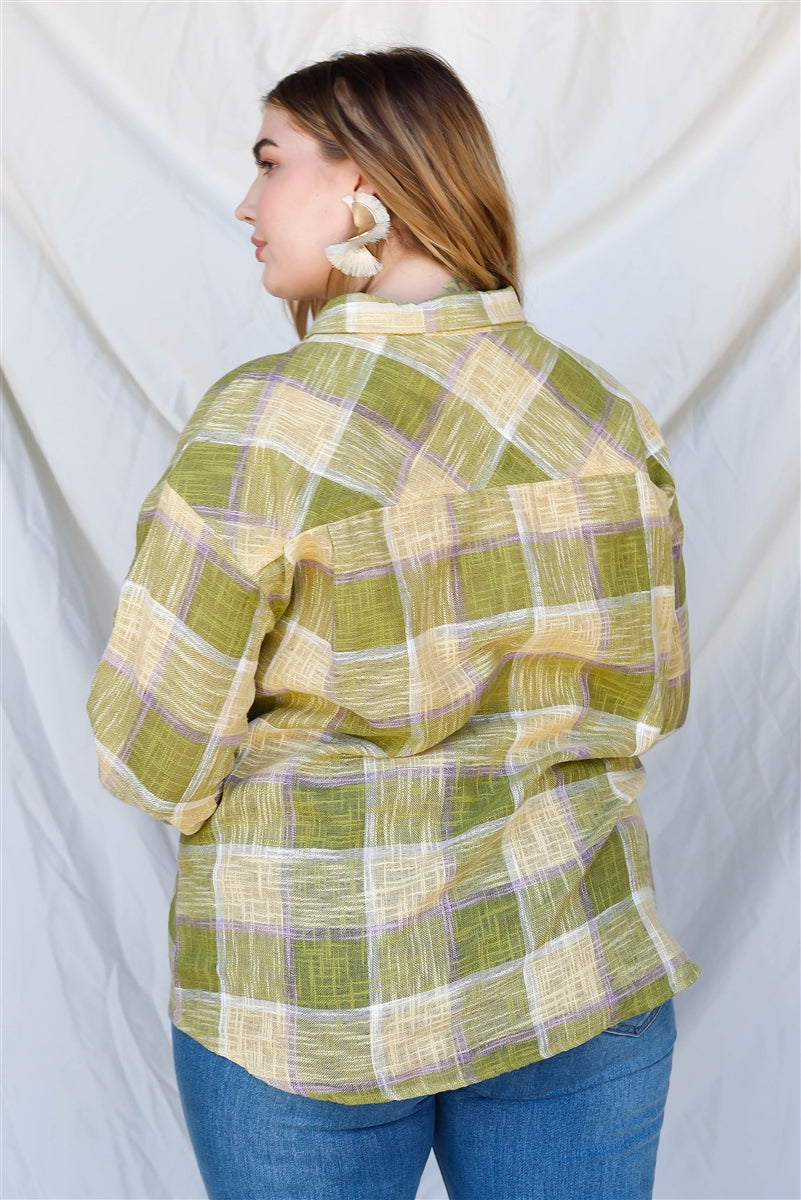 Plus Lime Cotton & Linen Blend Textured Plaid Shirt Top - Tigbul's Fashion