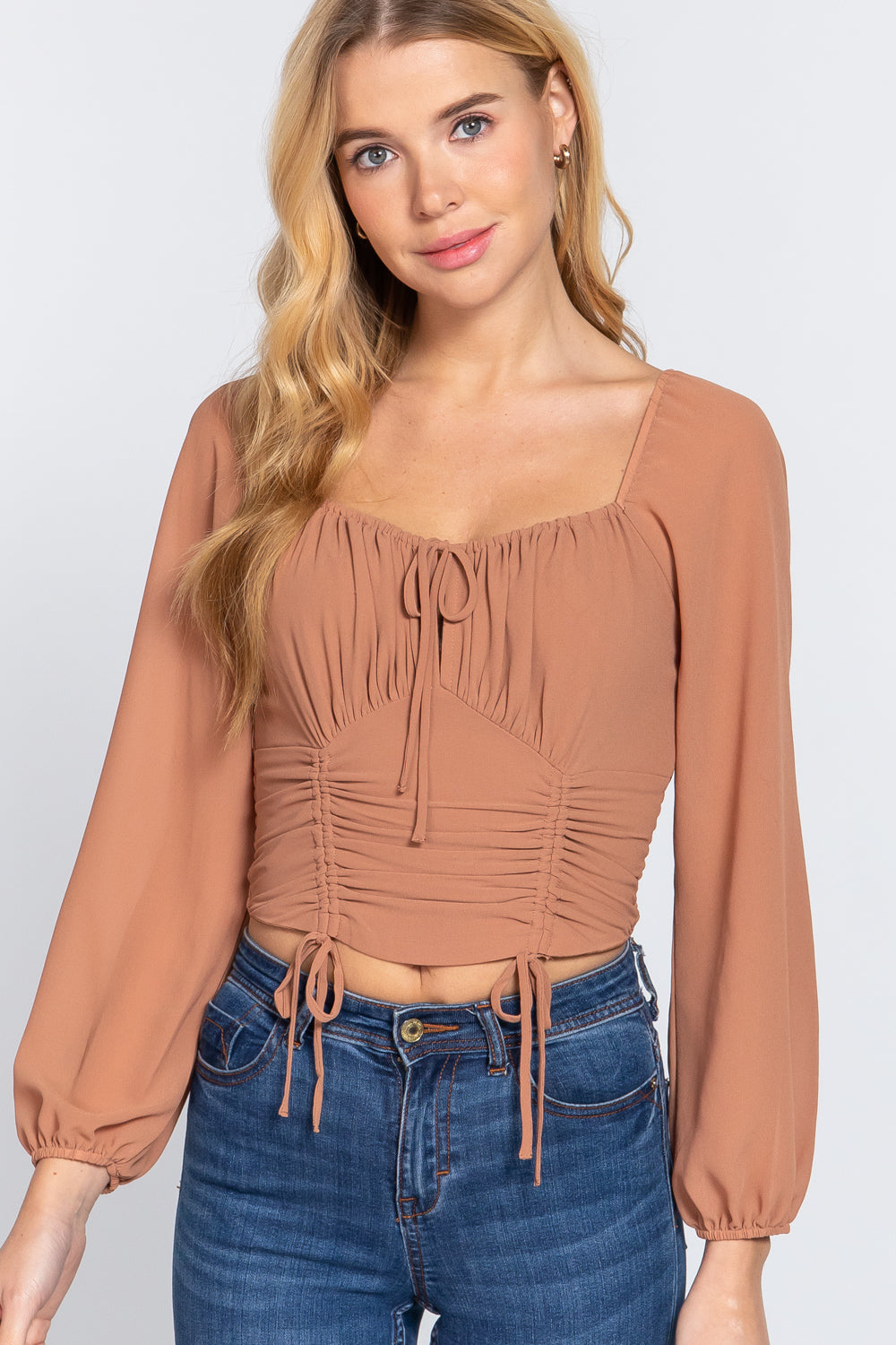 Long Sleeve Front Tied Ruched Detail Woven Top - Tigbul's Fashion