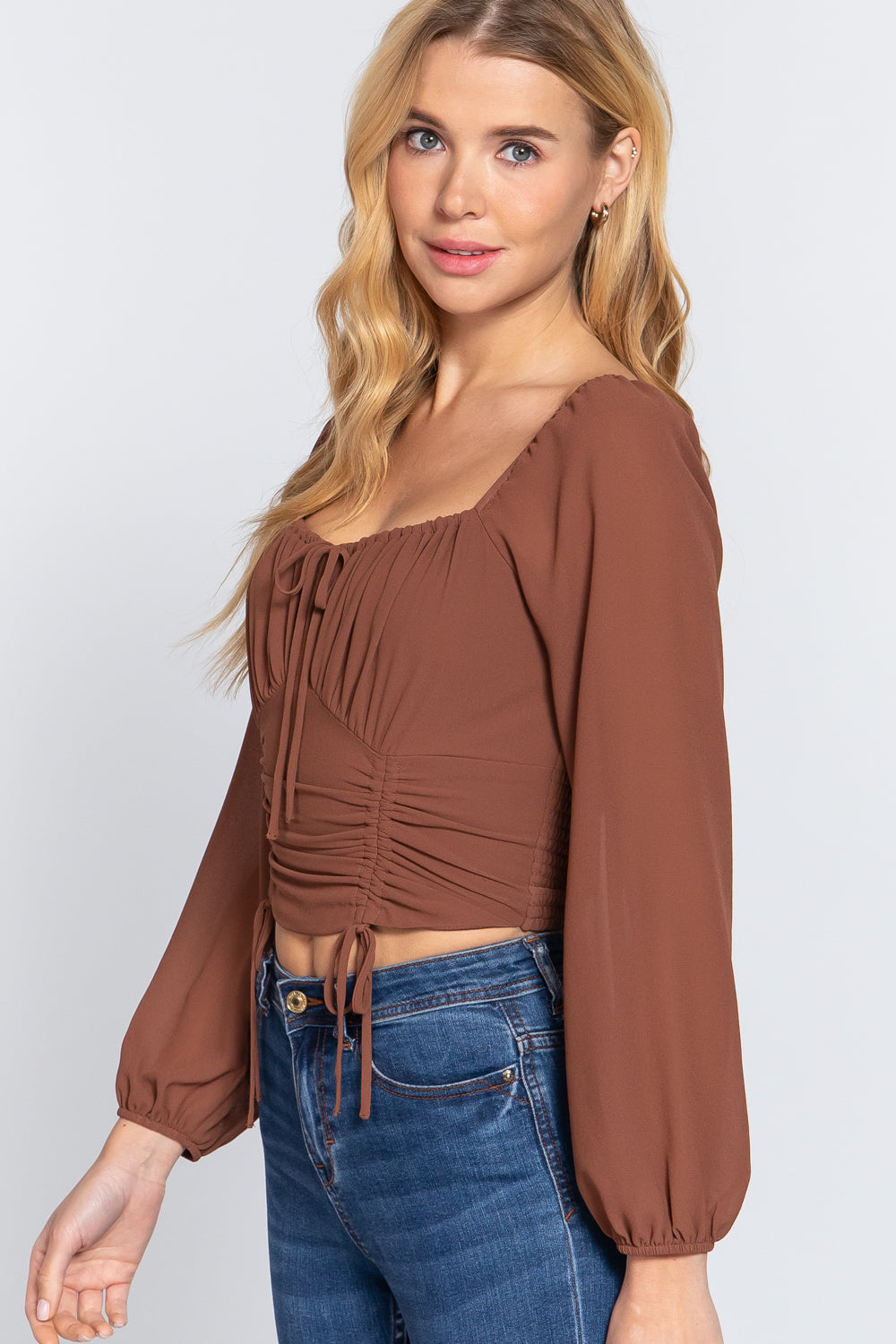 Long Sleeve Front Tied Ruched Detail Woven Top - Tigbul's Fashion