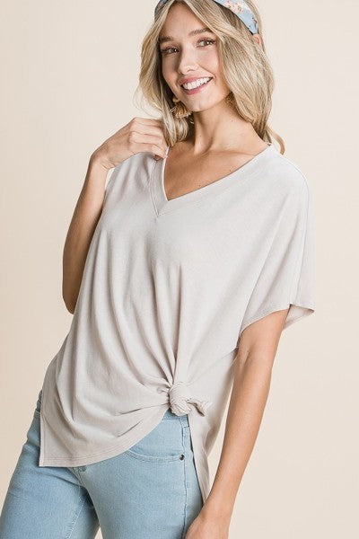 Solid V Neck Casual And Basic Top With Short Dolman Sleeves And Side Slit Hem - Tigbuls Variety Fashion