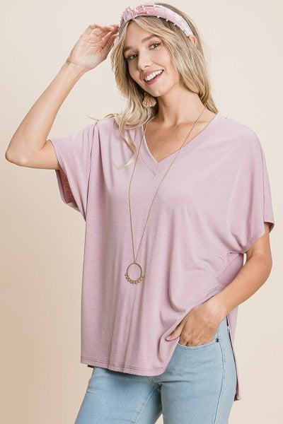 Solid V Neck Casual And Basic Top With Short Dolman Sleeves And Side Slit Hem - Tigbuls Variety Fashion