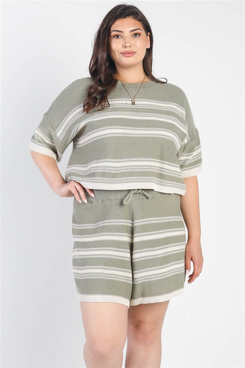 Plus Olive Striped Knit Short Sleeve Crop Top High Waist Shorts Set - Tigbuls Variety Fashion