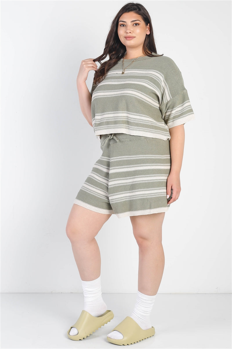 Plus Olive Striped Knit Short Sleeve Crop Top High Waist Shorts Set - Tigbuls Variety Fashion