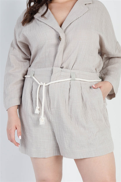 Plus Grey Button-up Collared Neck Blazer High Waist Shorts Set - Tigbuls Variety Fashion