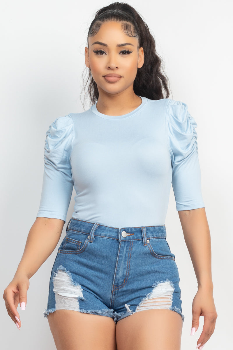 Round Neck Puff Ruched Sleeve Top - Tigbuls Variety Fashion