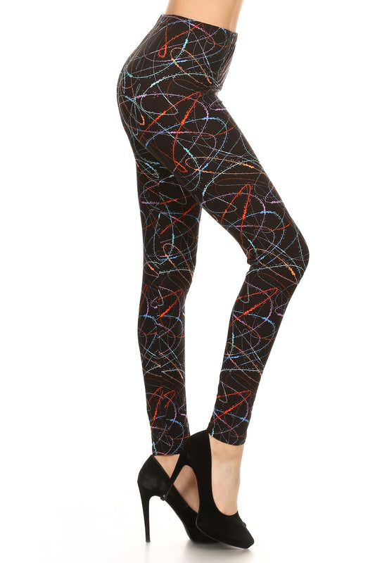 Multicolored Scribble Print, High Waisted Leggings In A Fitted Style With And Elastic Waist - Tigbuls Variety Fashion