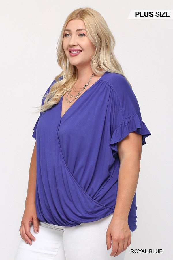 Solid Viscose Knit Surplice Top With Ruffle Sleeve - Tigbuls Variety Fashion
