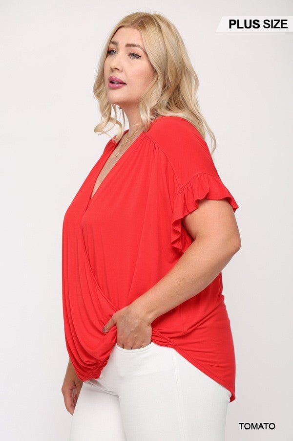 Solid Viscose Knit Surplice Top With Ruffle Sleeve - Tigbuls Variety Fashion