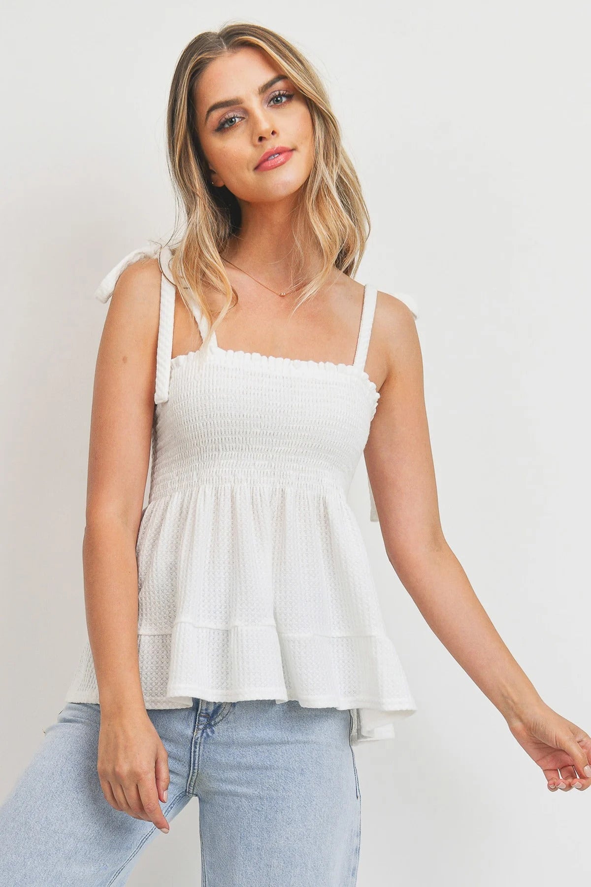 Smocking Bust With Self Tie Straps Sleeveless Waffle Top - Tigbuls Variety Fashion