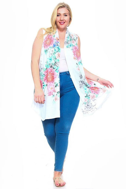 Floral Print, Open Front Vest With An Asymmetric Hem. - Tigbuls Variety Fashion