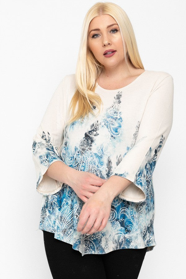 Print Top Featuring A Round Neckline And 3/4 Bell Sleeves - Tigbuls Variety Fashion