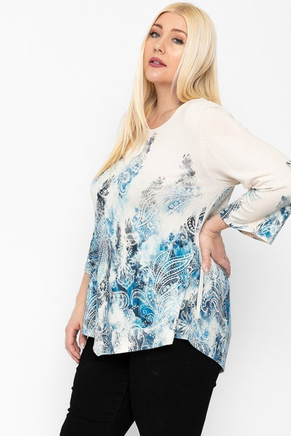 Print Top Featuring A Round Neckline And 3/4 Bell Sleeves - Tigbuls Variety Fashion