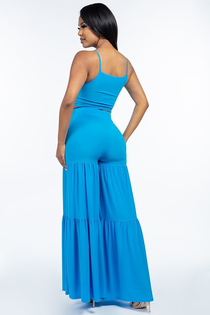 Solid Blue Tank Top and Tiered Wide Leg Pants 2 Piece Set | Tigbuls