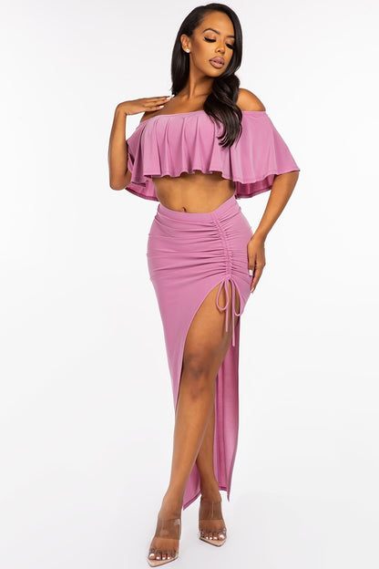 Solid Ity Off The Shoulder Ruffled Cropped Top And Ruched Maxi Skirt Two Piece Set - Tigbuls Variety Fashion