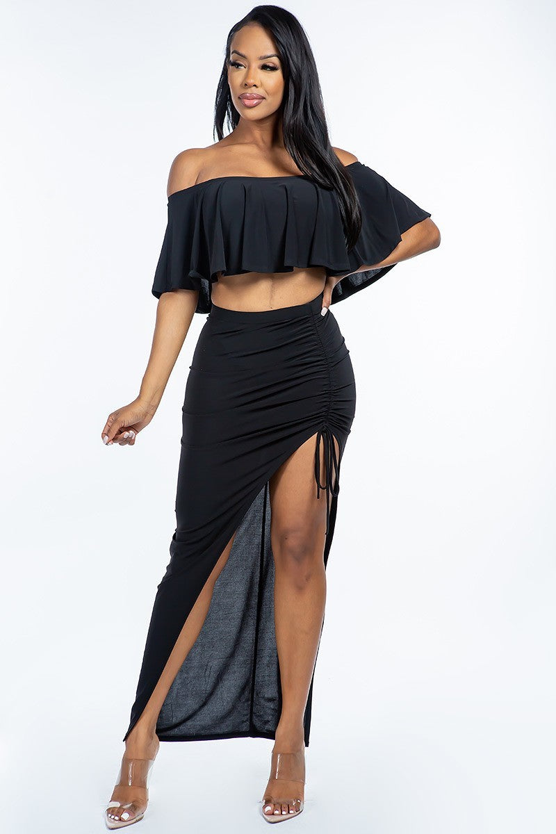 Solid Ity Off The Shoulder Ruffled Cropped Top And Ruched Maxi Skirt Two Piece Set - Tigbuls Variety Fashion