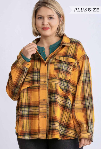 Plaid Collar Button Down Overshirt With Front Pockets - Tigbuls Variety Fashion