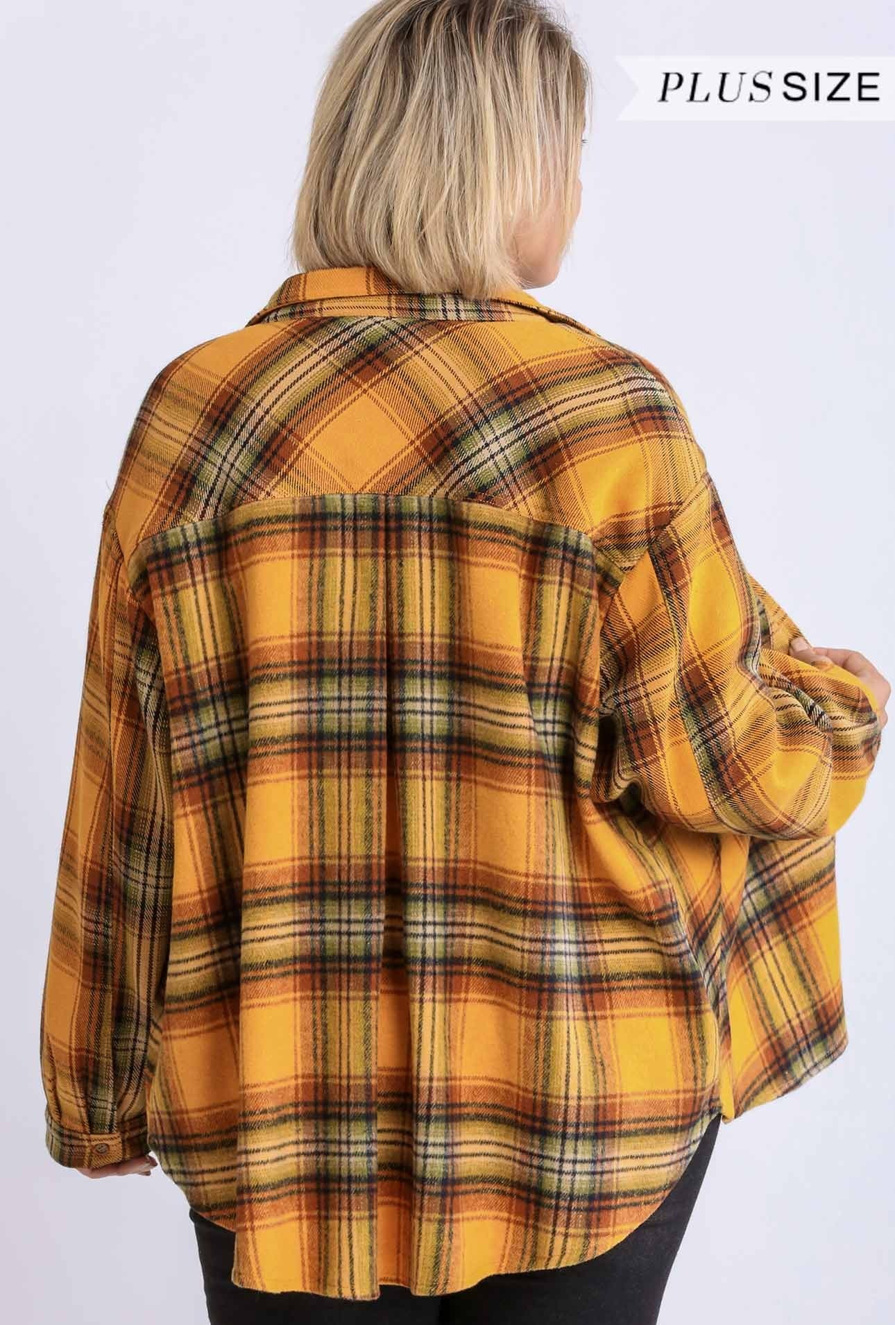 Plaid Collar Button Down Overshirt With Front Pockets - Tigbuls Variety Fashion