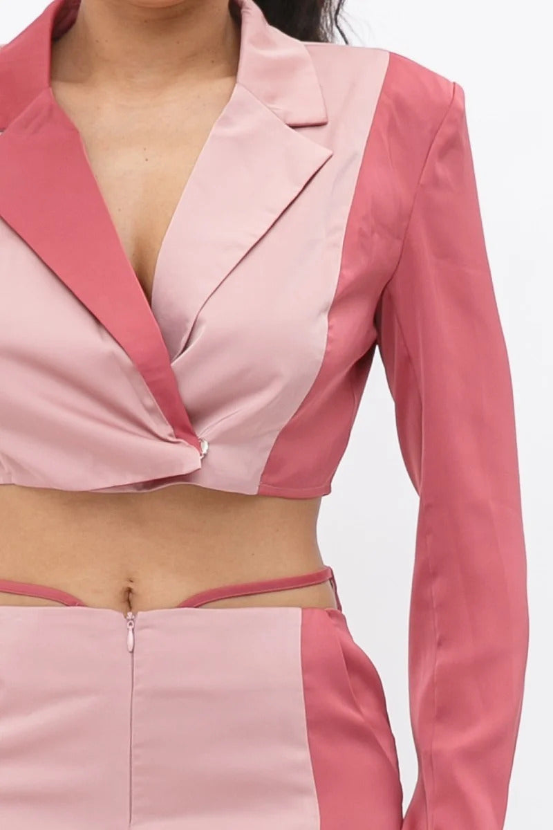 Colorblock Crop Blazer With Matching Low Rise Wide Leg Pant Set With Pockets - Tigbuls Variety Fashion