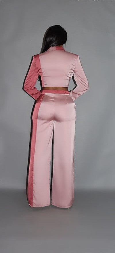 Colorblock Crop Blazer With Matching Low Rise Wide Leg Pant Set With Pockets - Tigbuls Variety Fashion