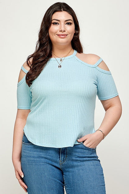 Plus Size, Solid Ribbed Cold Shoulder Top - Tigbuls Variety Fashion