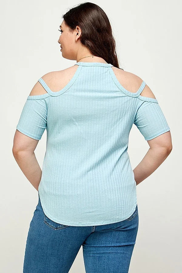 Plus Size, Solid Ribbed Cold Shoulder Top - Tigbuls Variety Fashion