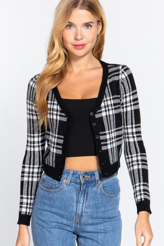 Long Sleeve V-neck Fitted Button Down Plaid Sweater Cardigan - Tigbuls Variety Fashion