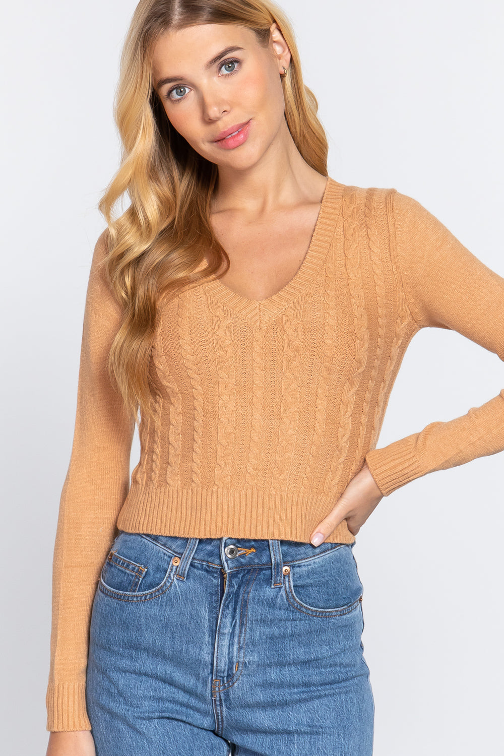 Long Sleeve V-neck Cable Sweater - Tigbuls Variety Fashion