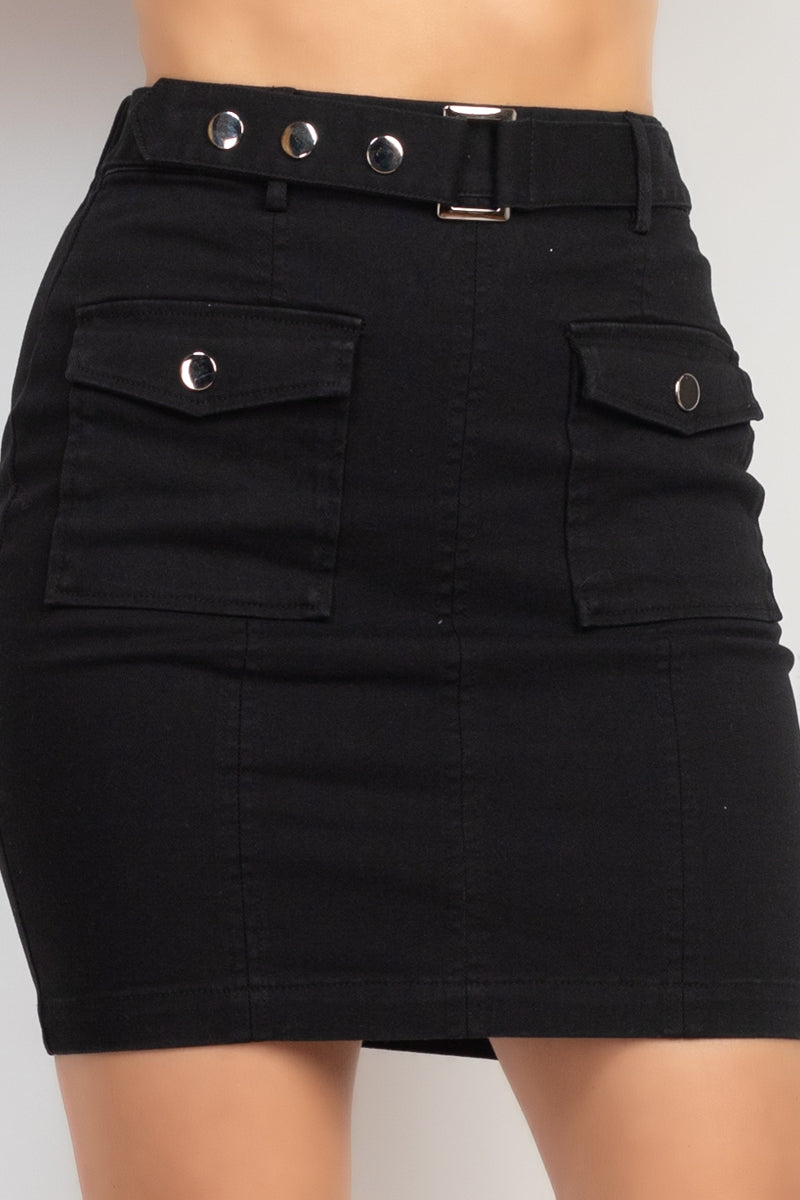 Belted Pocket Solid Mini Skirt - Tigbul's Fashion