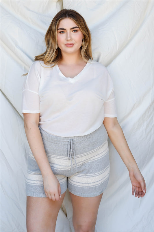 Plus Heather Grey Stripe Knit Shorts - Tigbuls Variety Fashion