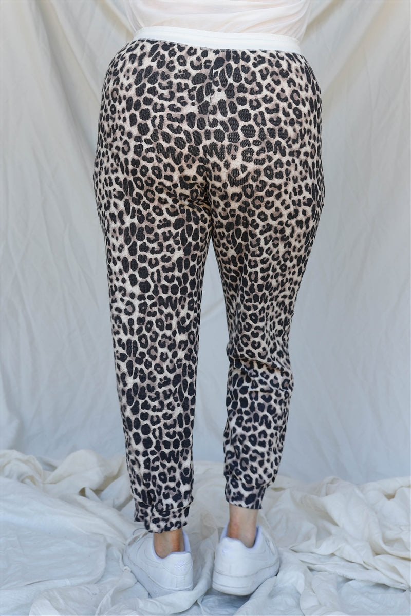 Plus Brown Leopard Print Two Pocket Joggers Pants - Tigbuls Variety Fashion