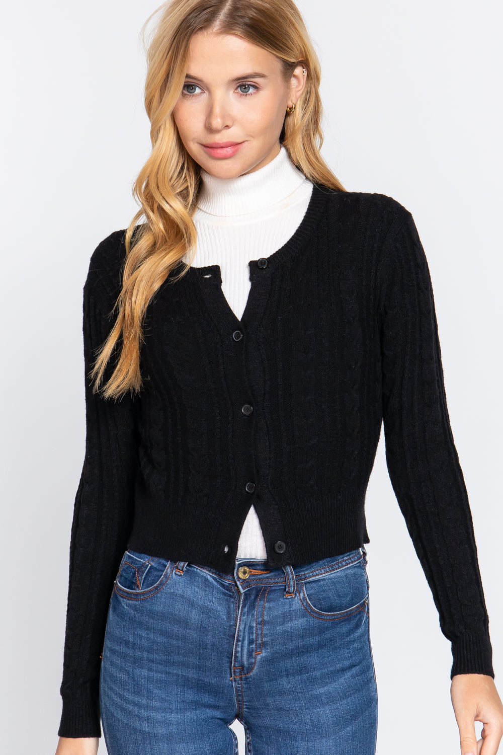 Crew Neck Cable Sweater Cardigan - Tigbuls Variety Fashion