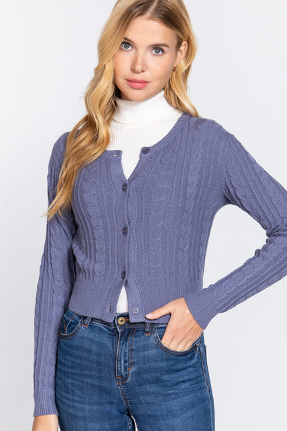 Crew Neck Cable Sweater Cardigan - Tigbuls Variety Fashion