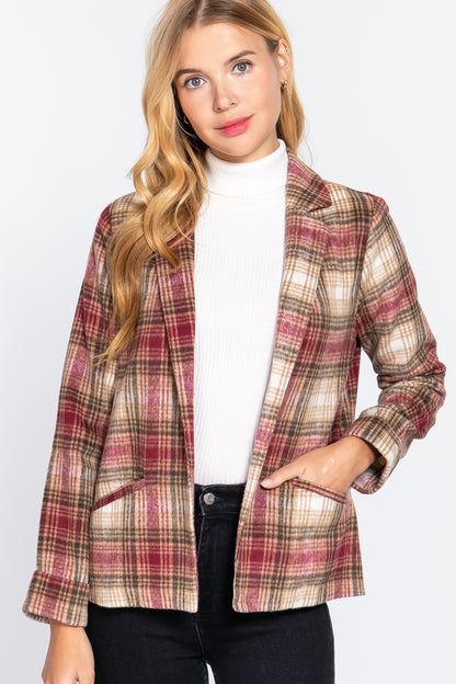 Notched Collar Plaid Jacket - Tigbuls Variety Fashion