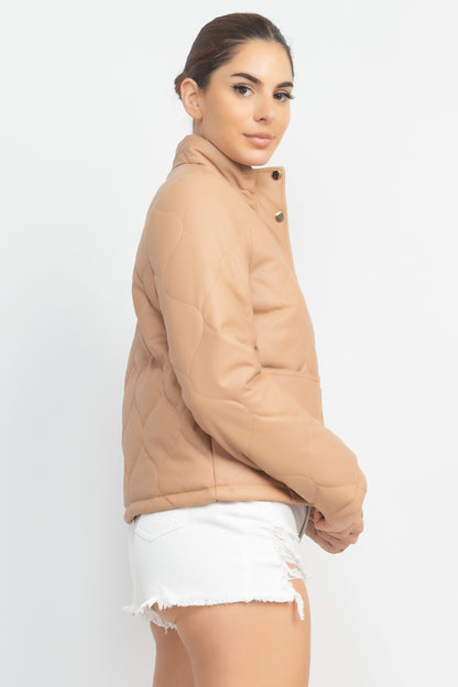 Mock Neck Quilted Jacket in Light Taupe - Tigbuls Variety Fashion
