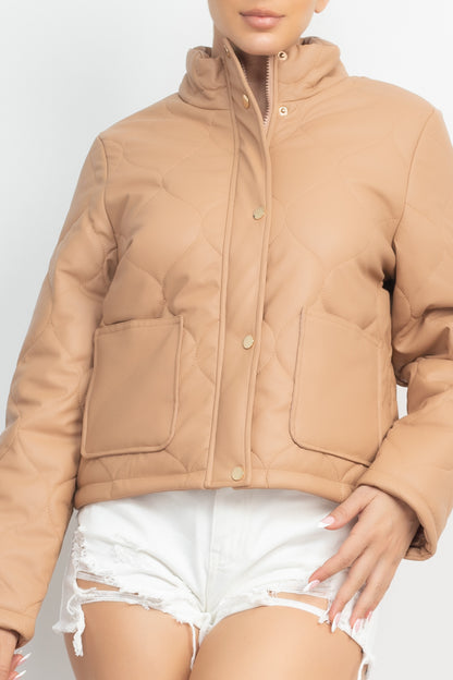 Mock Neck Quilted Jacket in Light Taupe- Tigbuls Variety Fashion