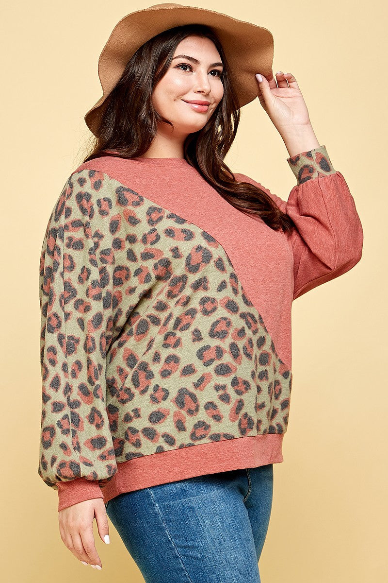 Plus Size Cute Animal French Terry Brush Contrast Print Pullover - Tigbuls Variety Fashion