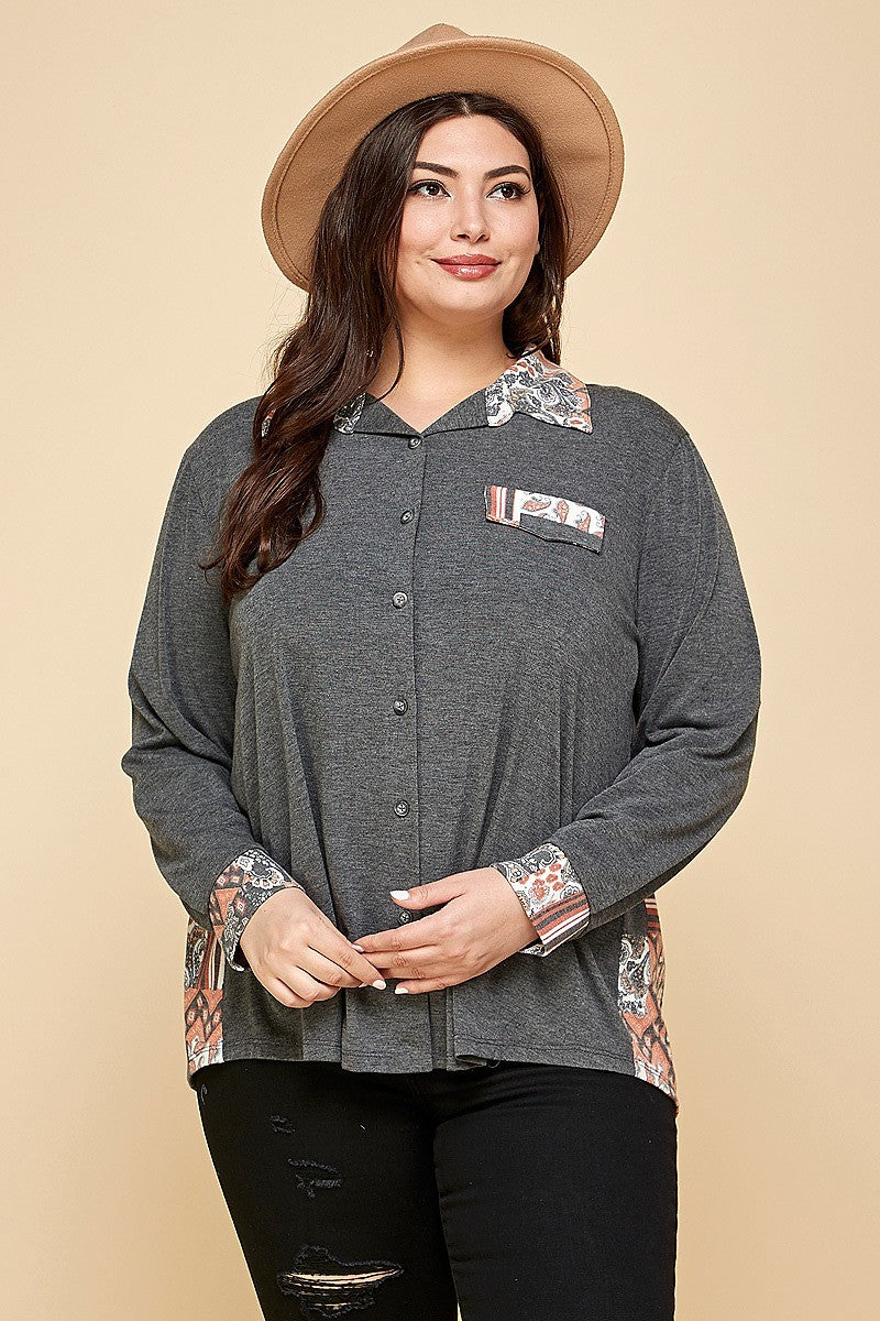 Plus Size Printed Patchwork Contrast Button Up Shirt - Tigbul's Fashion