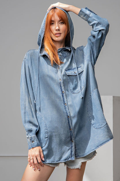 Hooded Washed Denim Shirt Jacket - Tigbuls Variety Fashion