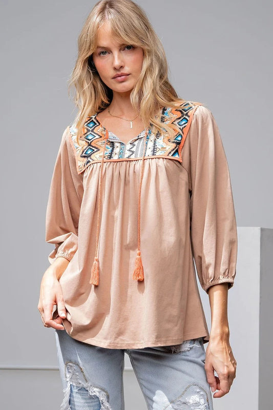 Loose Fit Cotton Top Aztec and Tassel - Tigbuls Variety Fashion