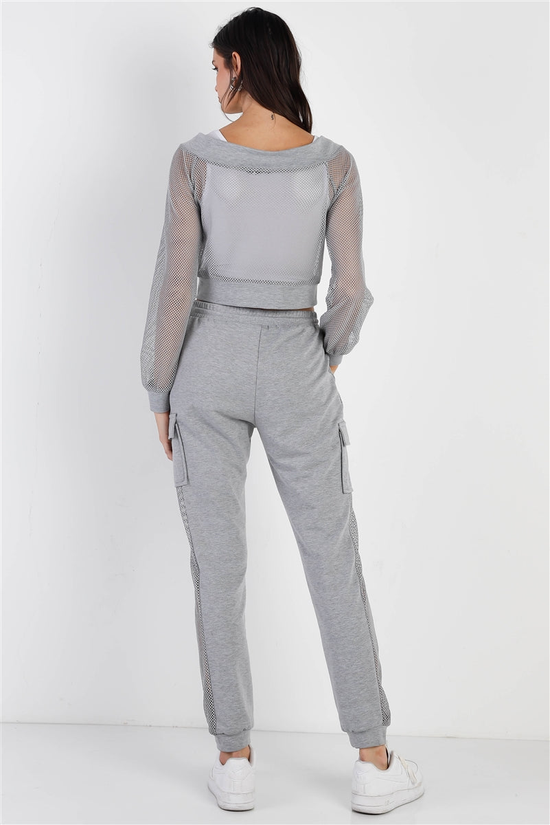 Heather Grey Contrast Fishnet Zip-up Top & Pants Set - Tigbuls Variety Fashion