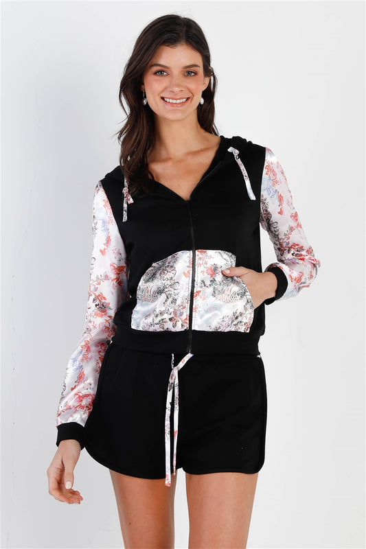 Black & Multi Color Print Colorblock Zip-up Hooded Top & Short Set - Tigbuls Variety Fashion