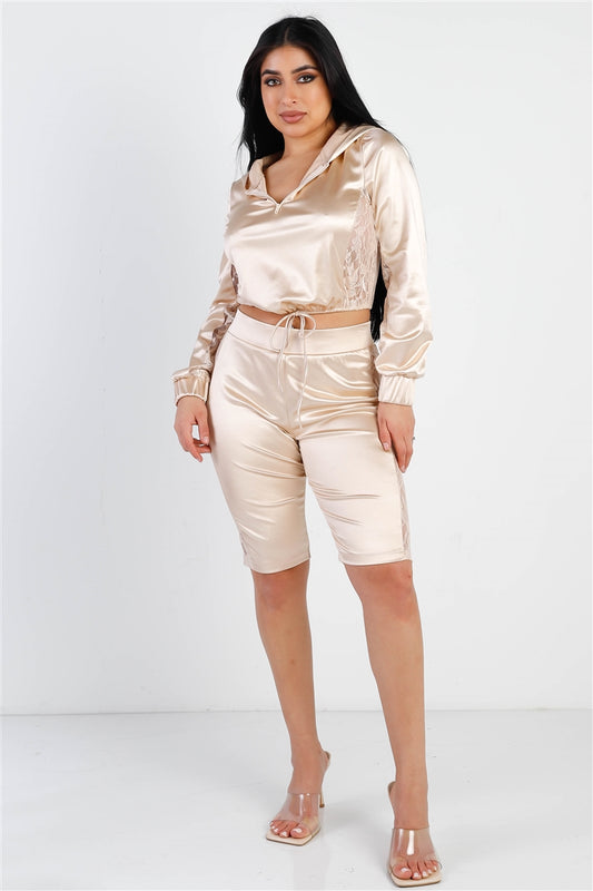 Satin Lace Details Long Sleeve Hooded Crop Top & Biker Short Set - Tigbuls Variety Fashion