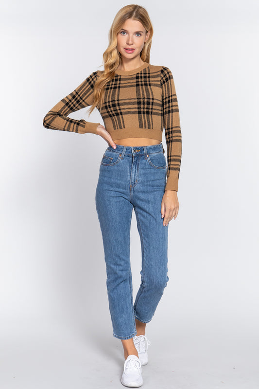 Long Slv Check Crop Sweater - Tigbuls Variety Fashion