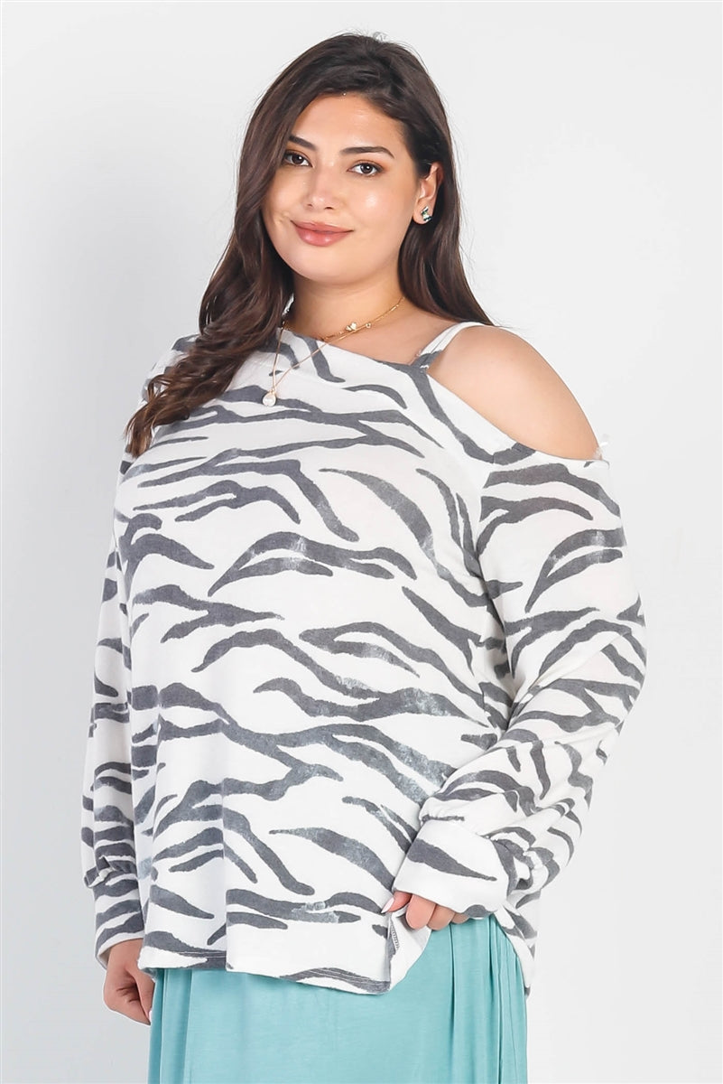 Plus White & Charcoal Zebra Flannel Cold Shoulder Long Sleeve Top - Tigbuls Variety Fashion
