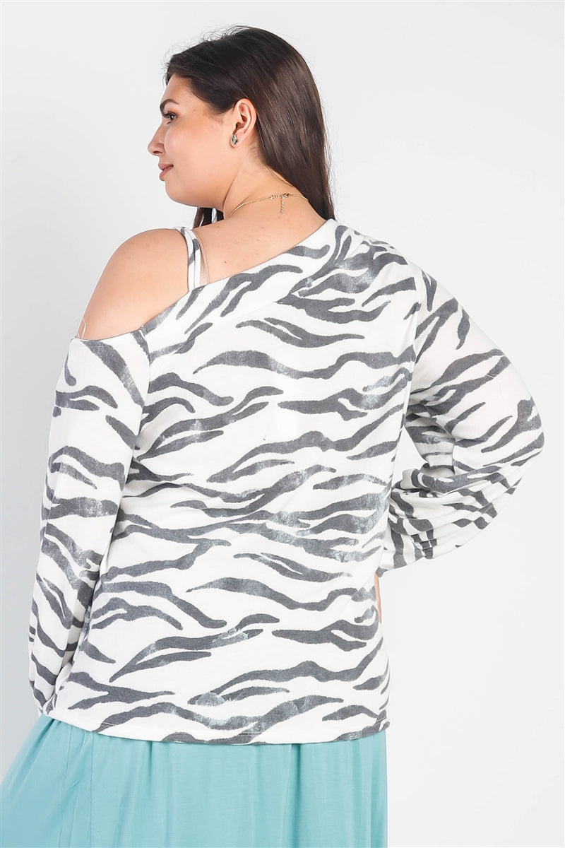 Plus White & Charcoal Zebra Flannel Cold Shoulder Long Sleeve Top - Tigbuls Variety Fashion