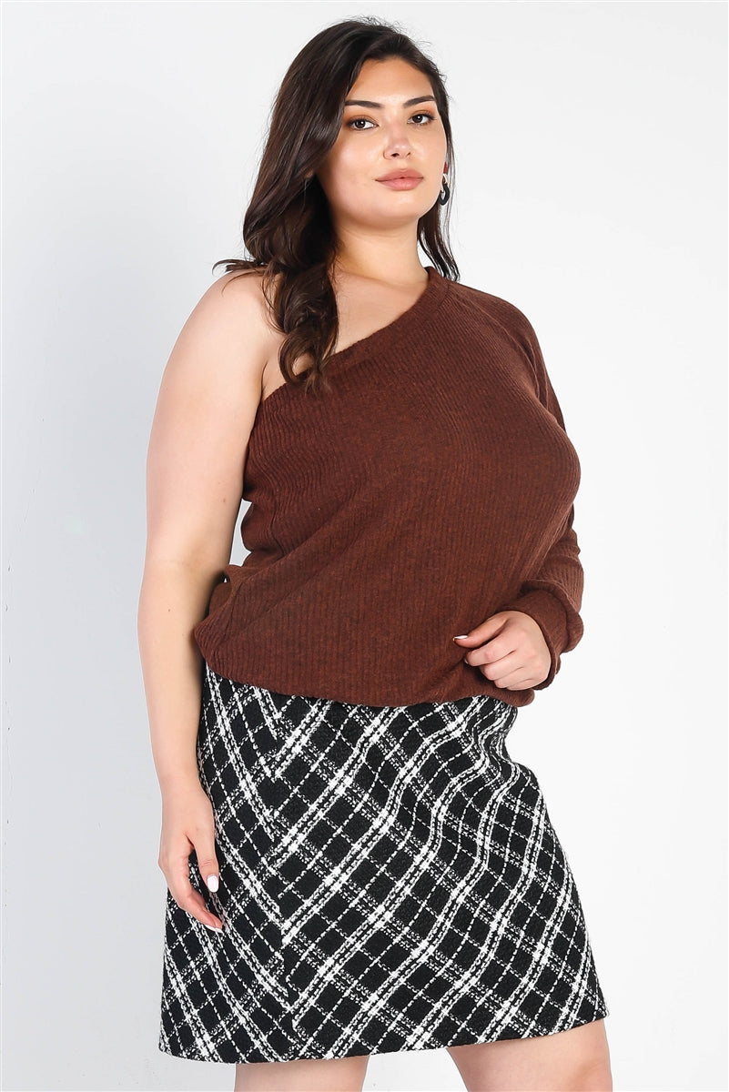 Plus Brown Ribbed Textured One Shoulder Top - Tigbuls Variety Fashion