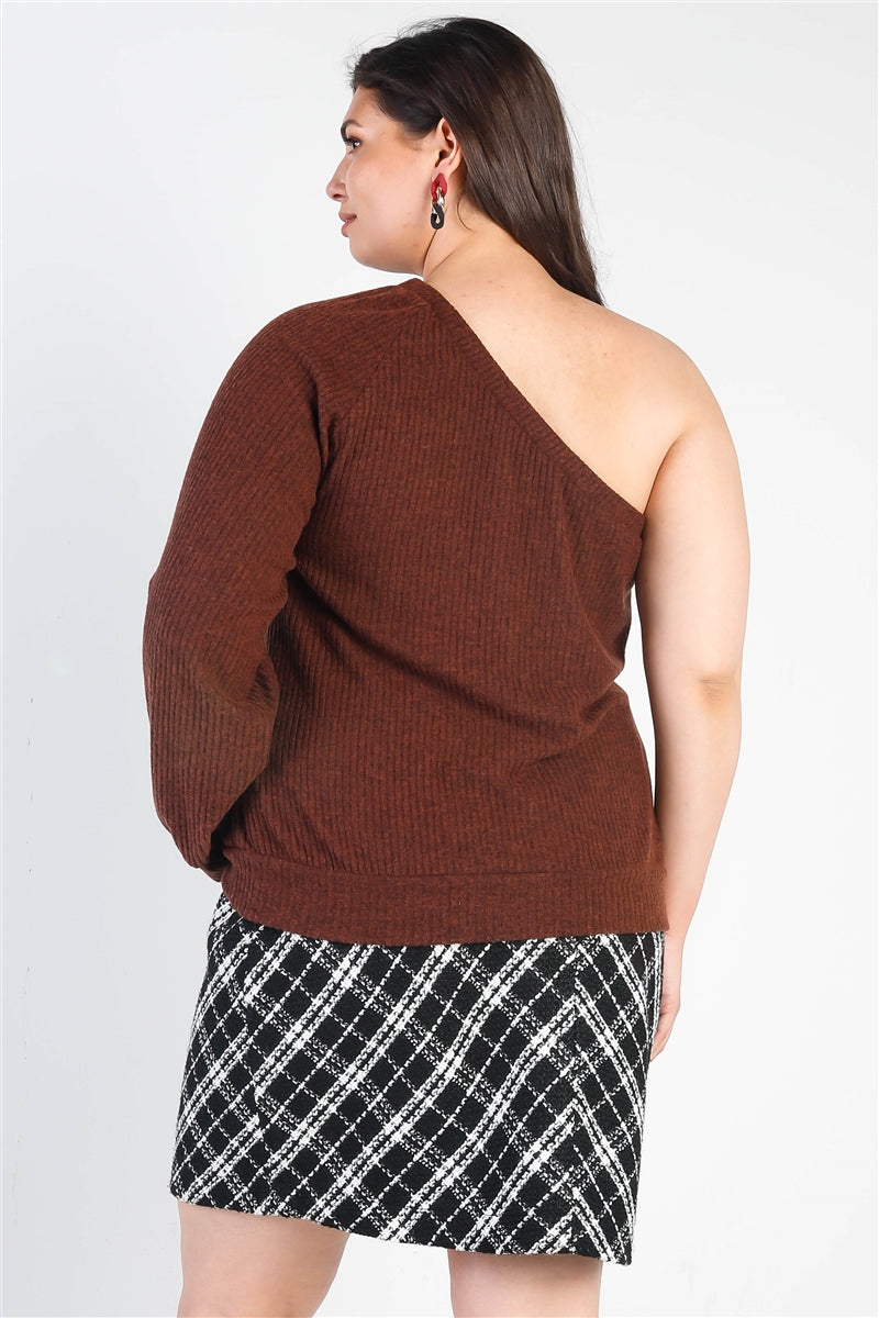 Plus Brown Ribbed Textured One Shoulder Top - Tigbuls Variety Fashion