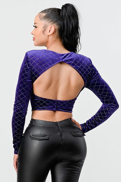 Purple Lux Diamond Velvet Square Neck Long Sleeves Crop Top - Tigbuls Variety Fashion