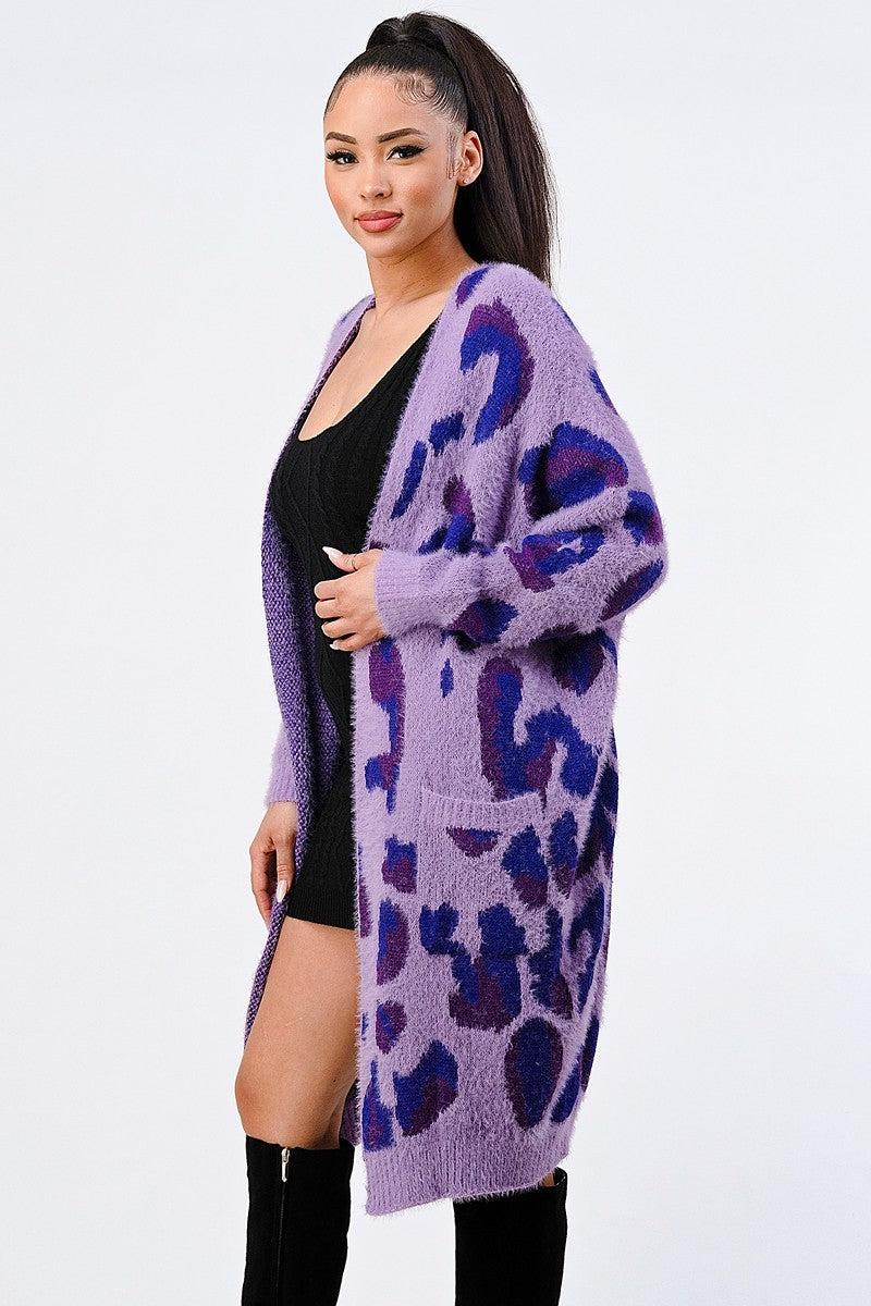 Leopard Angora Sweater Oversized Purple Cardigan - Tigbuls Variety Fashion